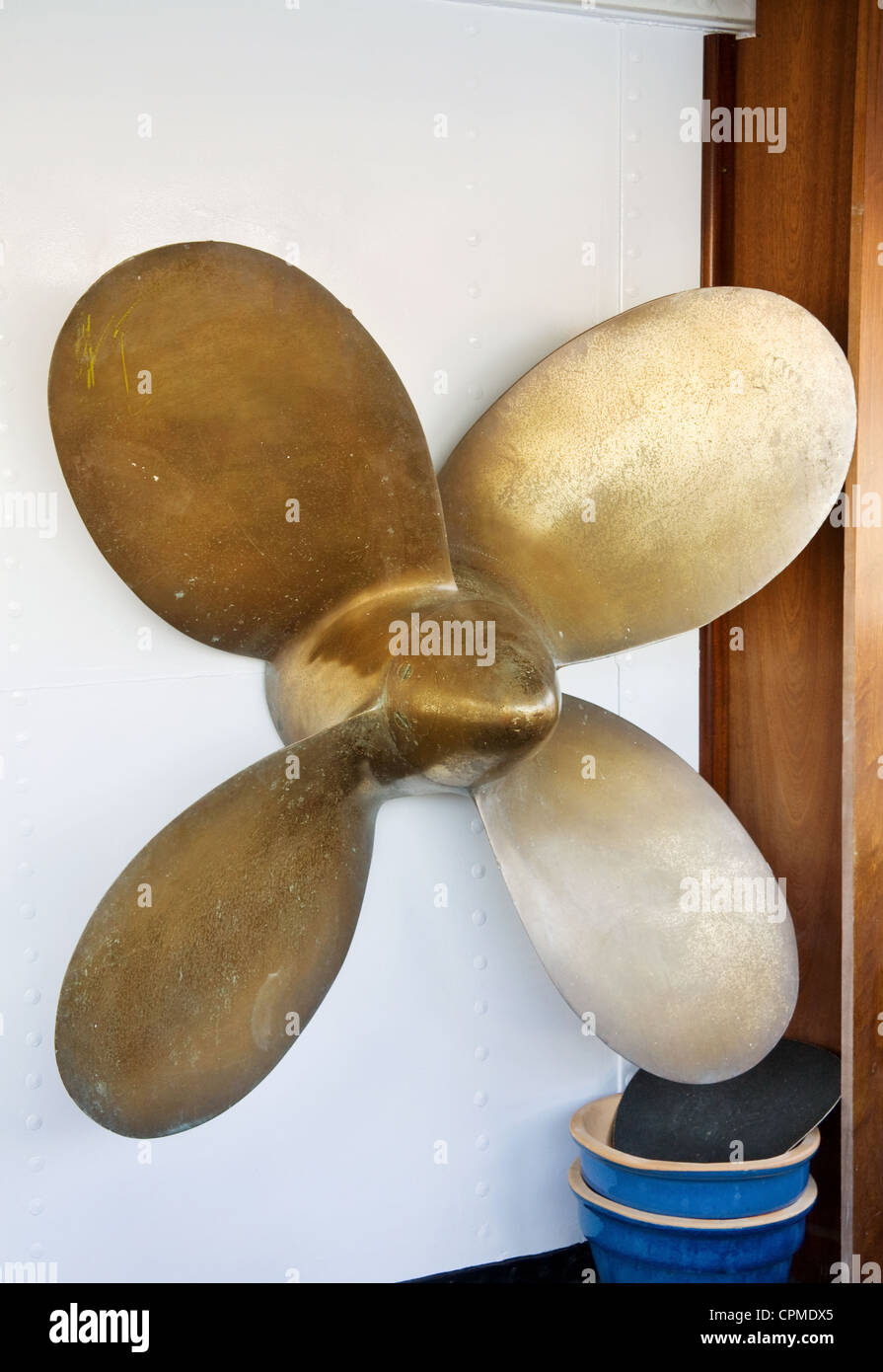 The propeller of a ship, displayed on a boat. Stock Photo