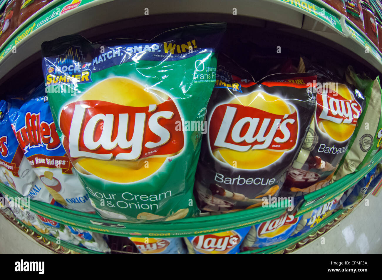 A display of tasty FritoLay brand chips in a supermarket in New York