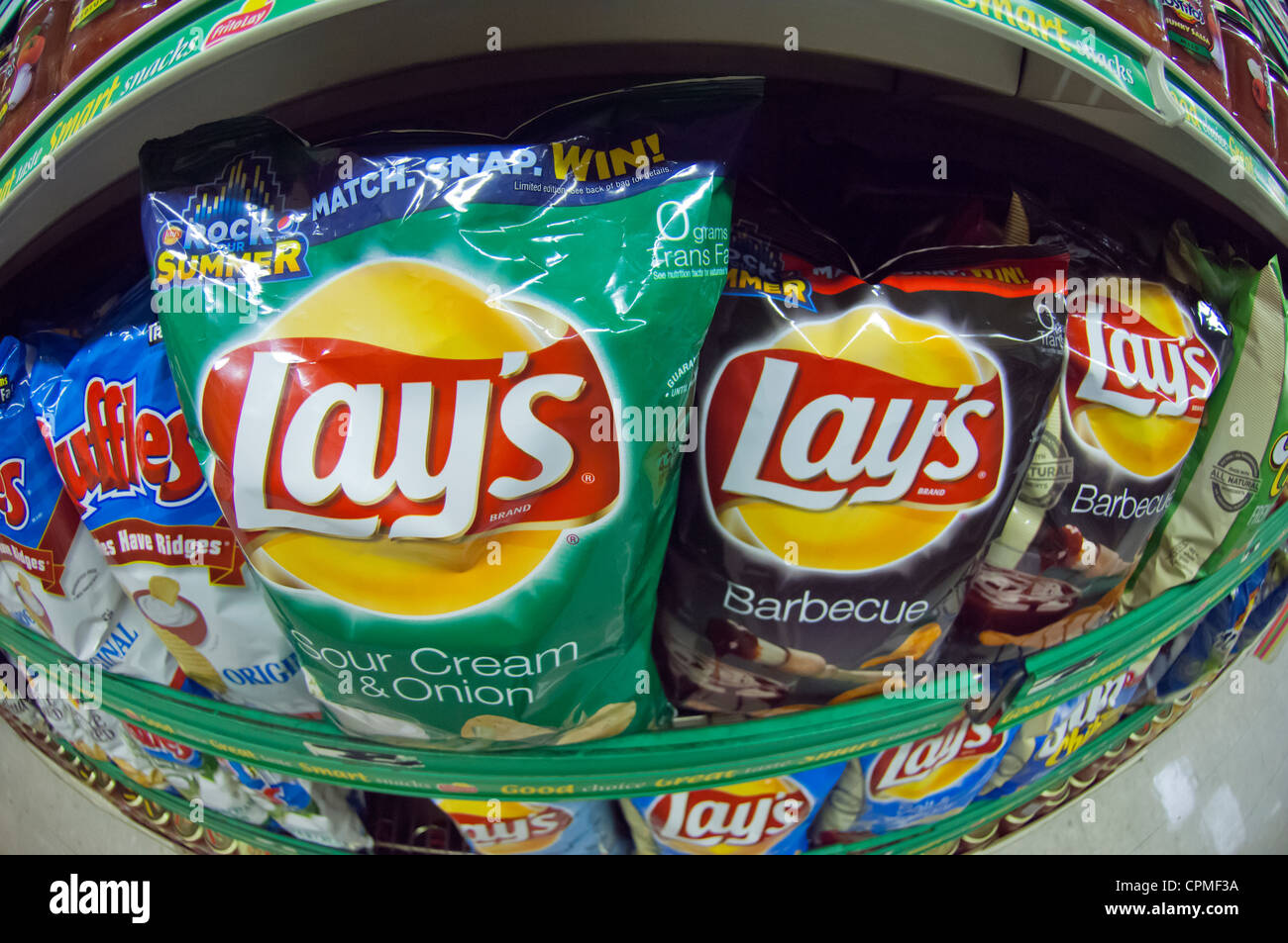 A display of tasty Frito-Lay brand chips in a supermarket in New York on Friday, May 25, 2012. (© Richard B. Levine) Stock Photo