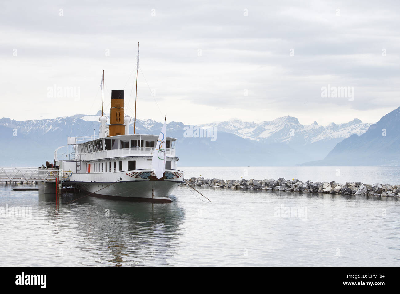 IOC Olympic paddle steamer on Lake Geneva from Ouchy waterfront in Lausanne, Vaud, Switzerland Stock Photo