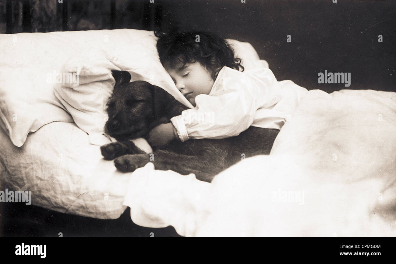 Little Girl Sleeping in Bed with Puppy Stock Photo - Alamy