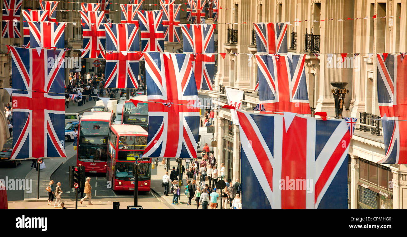 London's Regent Street festooned with Union Jack flags for the Queen's
