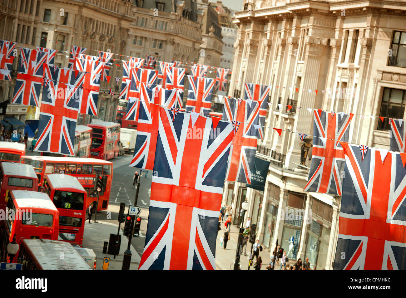 London's Regent Street festooned with Union Jack flags for the Queen's