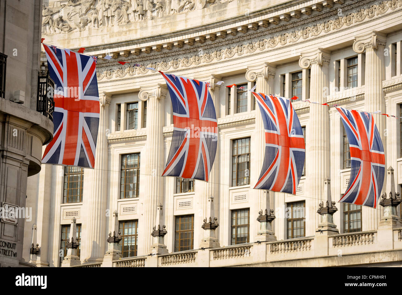 London's Regent Street festooned with Union Jack flags for the Queen's