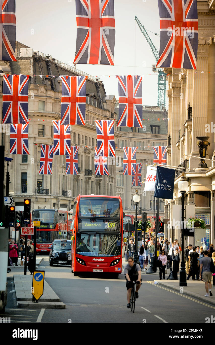 London's Regent Street festooned with Union Jack flags for the Queen's