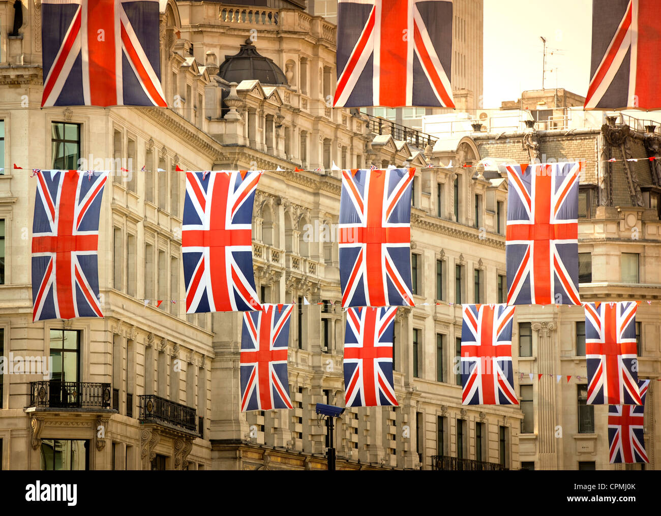 London's Regent Street festooned with Union Jack flags for the Queen's