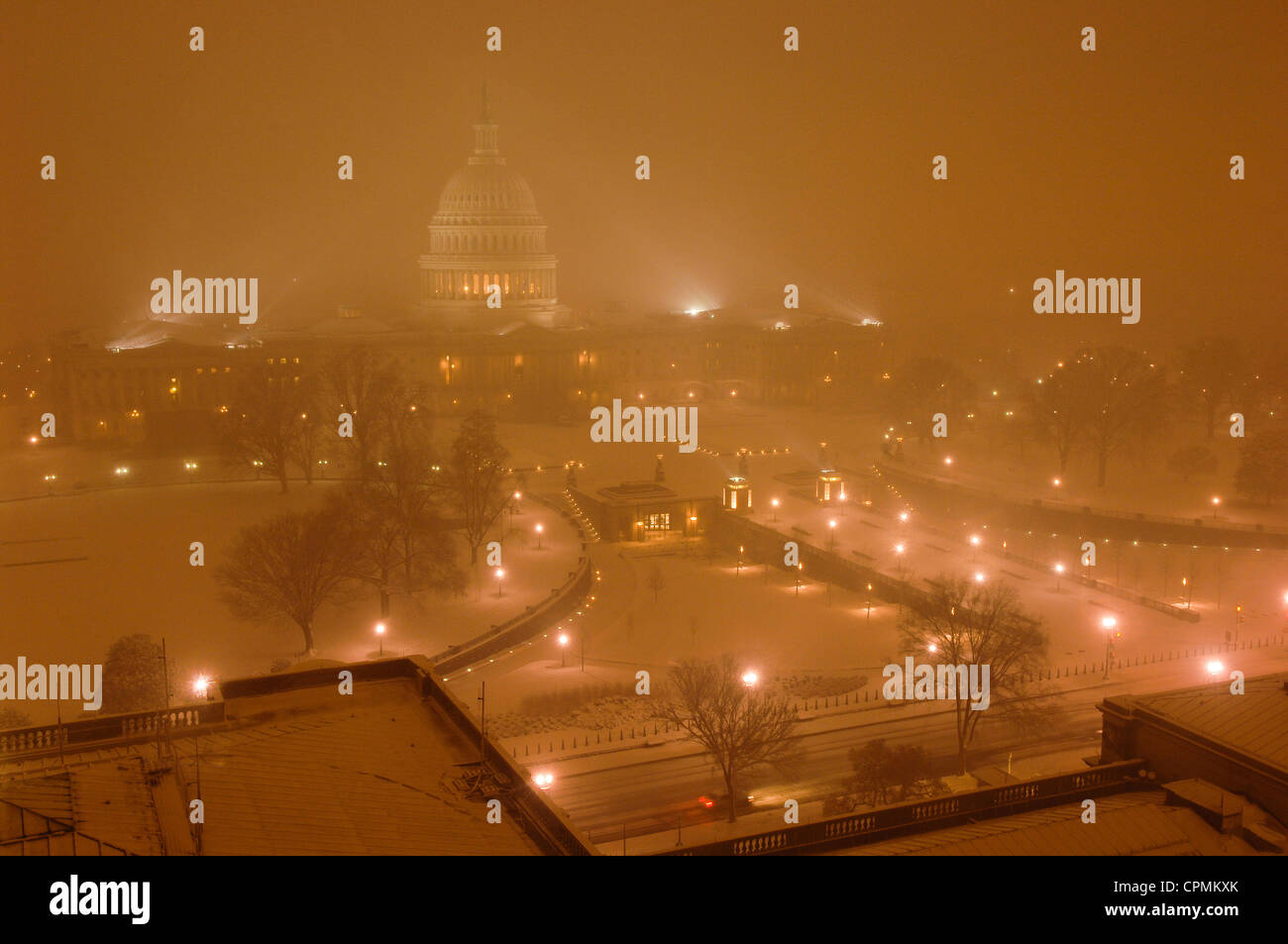 The US Capitol seen through a snow storm in Washington, DC. Stock Photo