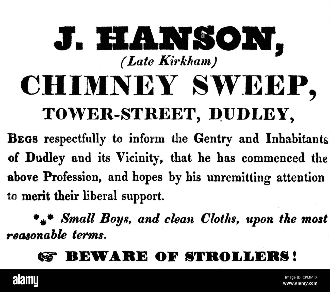 CHIMNEY SWEEP English newspaper advert about 1840 Stock Photo