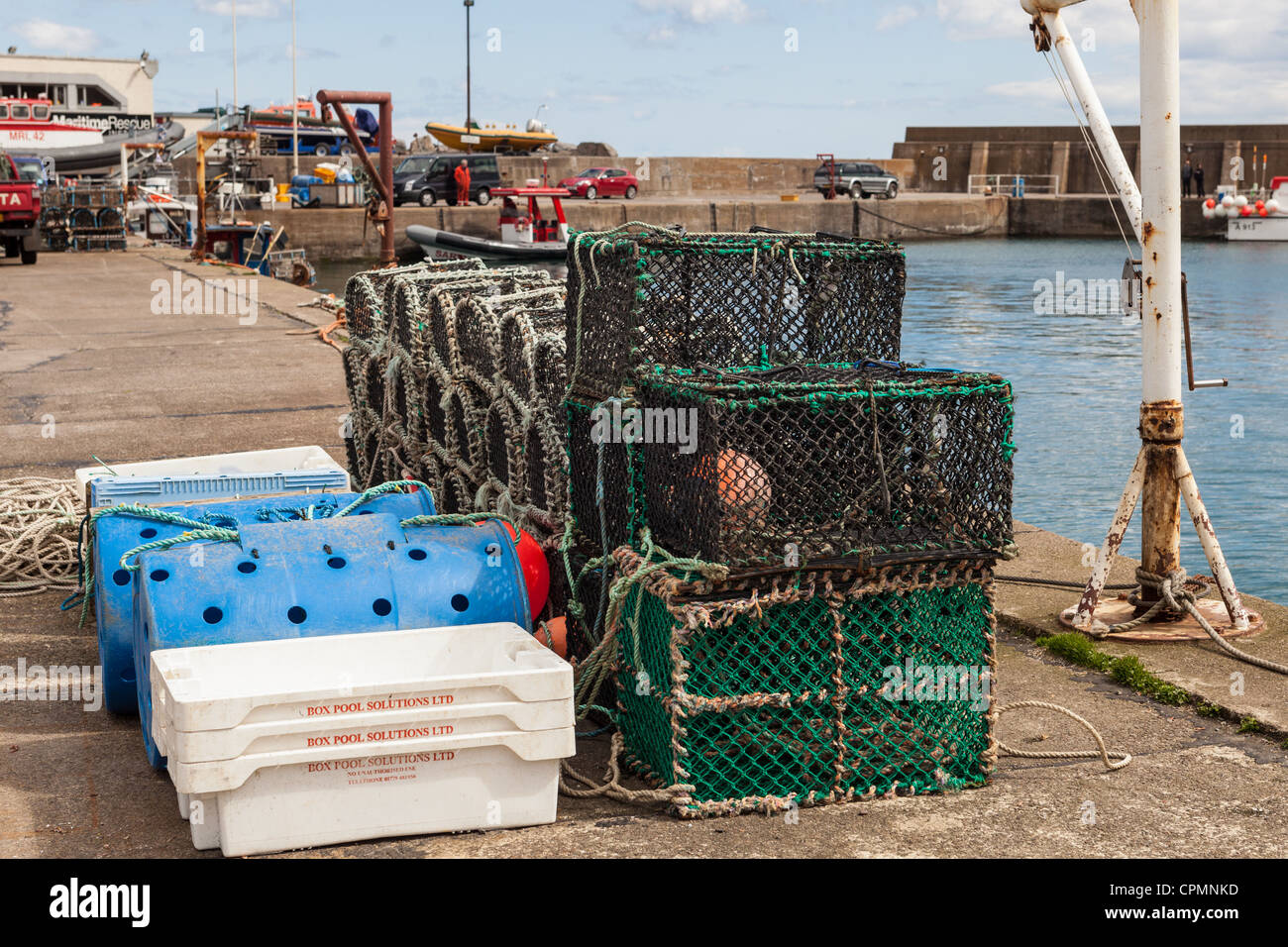 Stacked Creels ready for fishing. Stonehaven harbour Scotland Stock