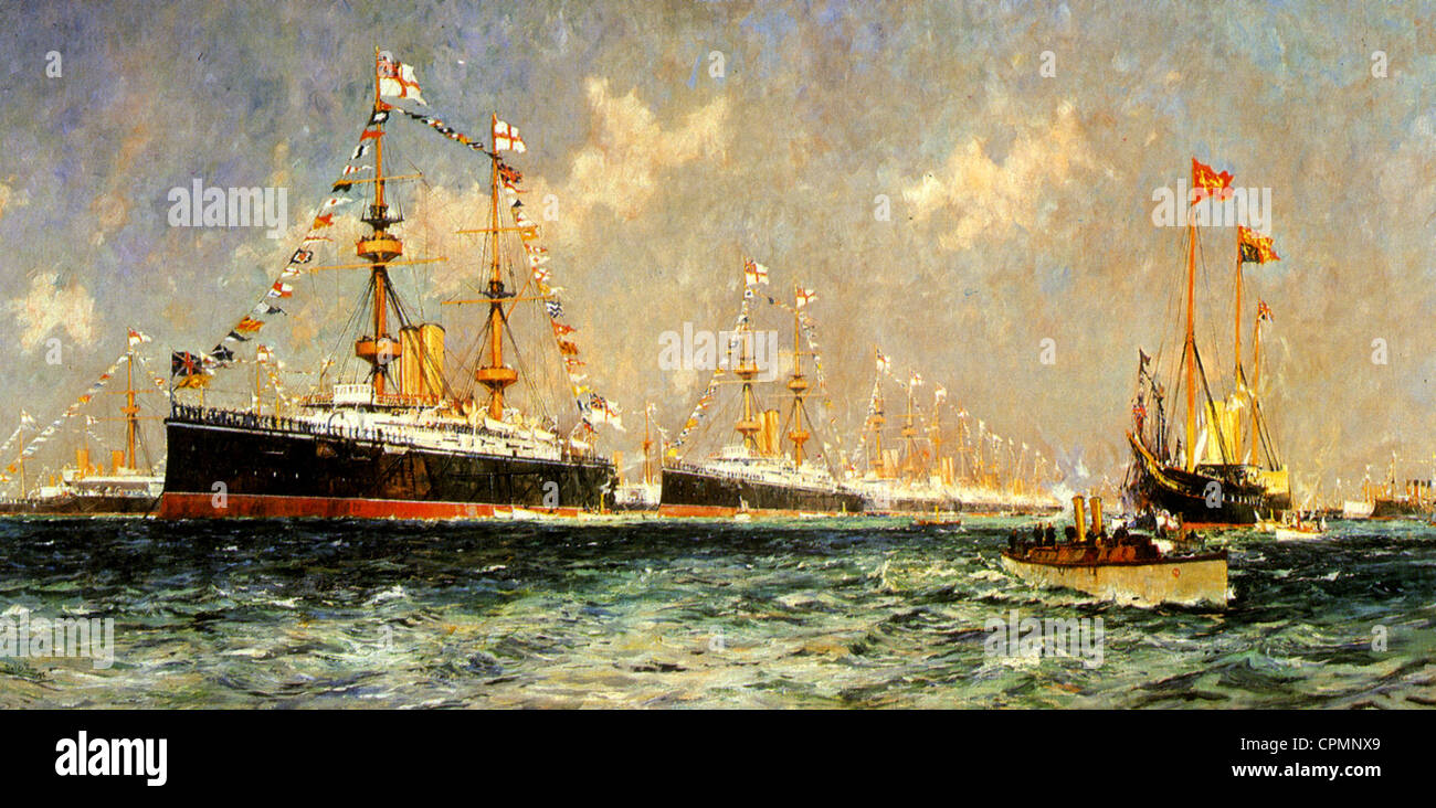 BRITISH NAVAL SPITHEAD REVIEW 26 June 1897 for Queen Victoria's Diamond Jubilee painted by Charles Dixon Stock Photo