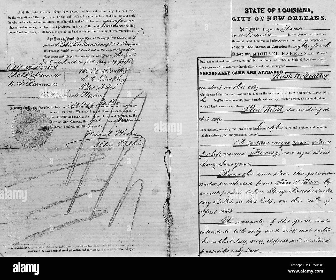 Deed of conveyance of slaves in the United States, 1859 Stock Photo
