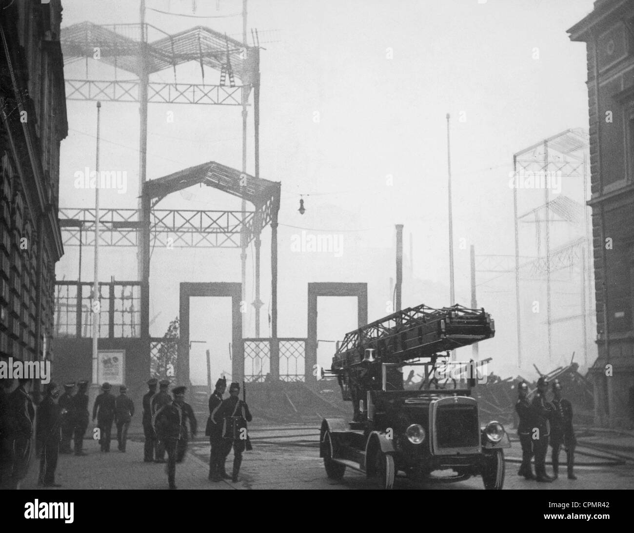 Fire at the Glaspalast (Glass Palace) in Munich, 1931 Stock Photo