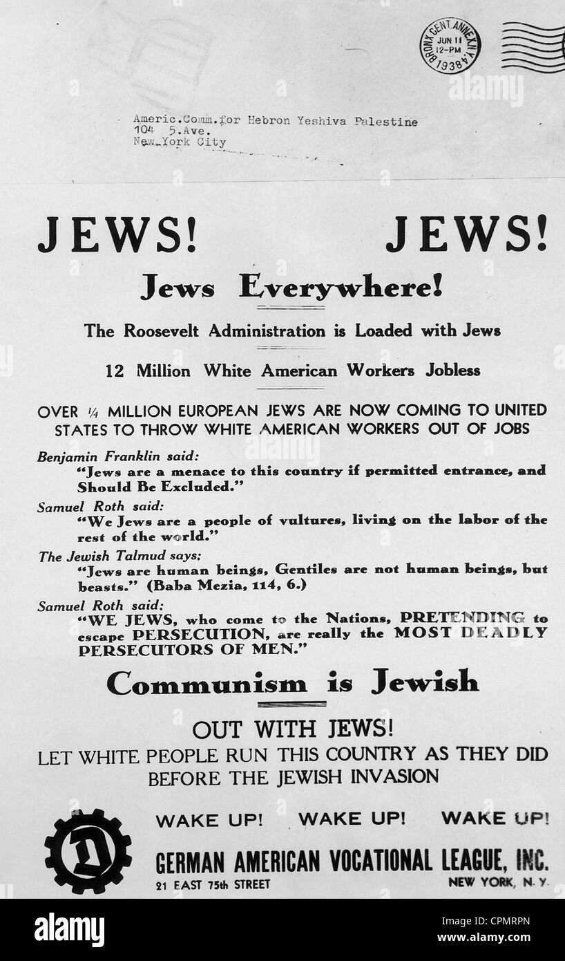 Anti-semitic and anti-communist pamphlet issued by the Nazi organisation 'German-American Vocational League', New York City, Stock Photo