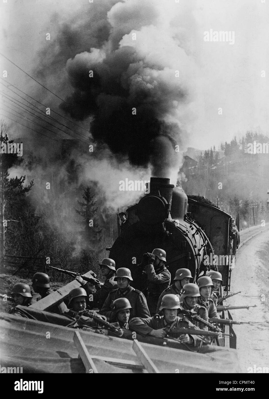 German soldiers protect a train from partisan attacks in Yugoslavia, 1944 Stock Photo