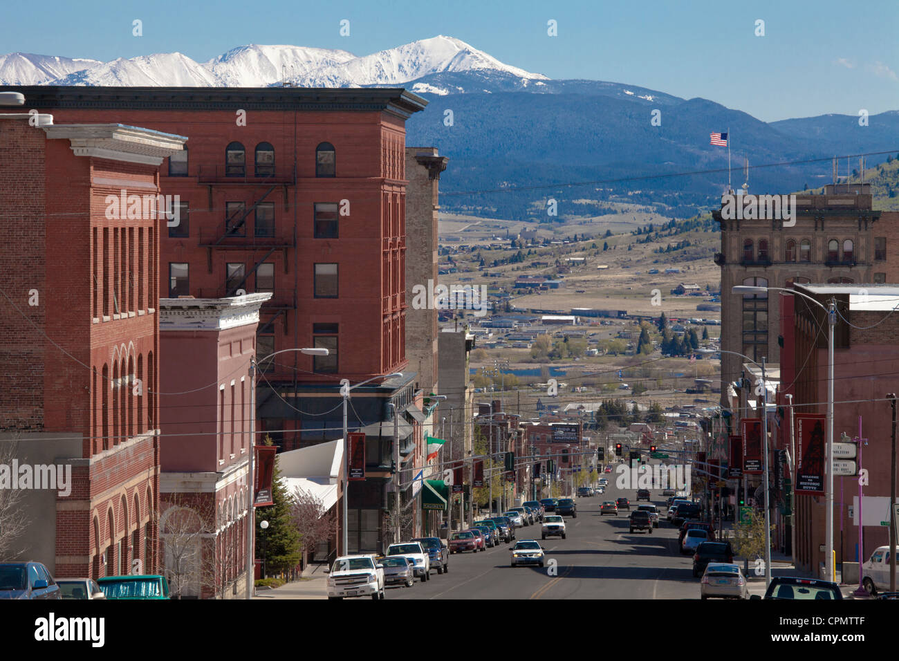 Main Street in business district of Butte, Montana, with a range of the ...