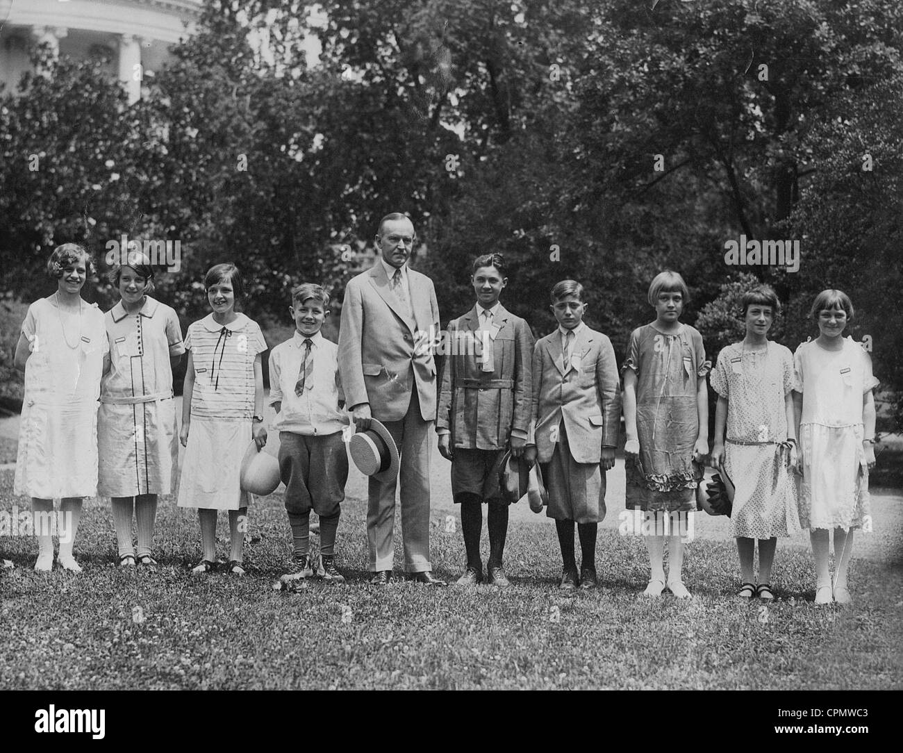 Calvin Coolidge with the participants of a spelling bee Stock Photo