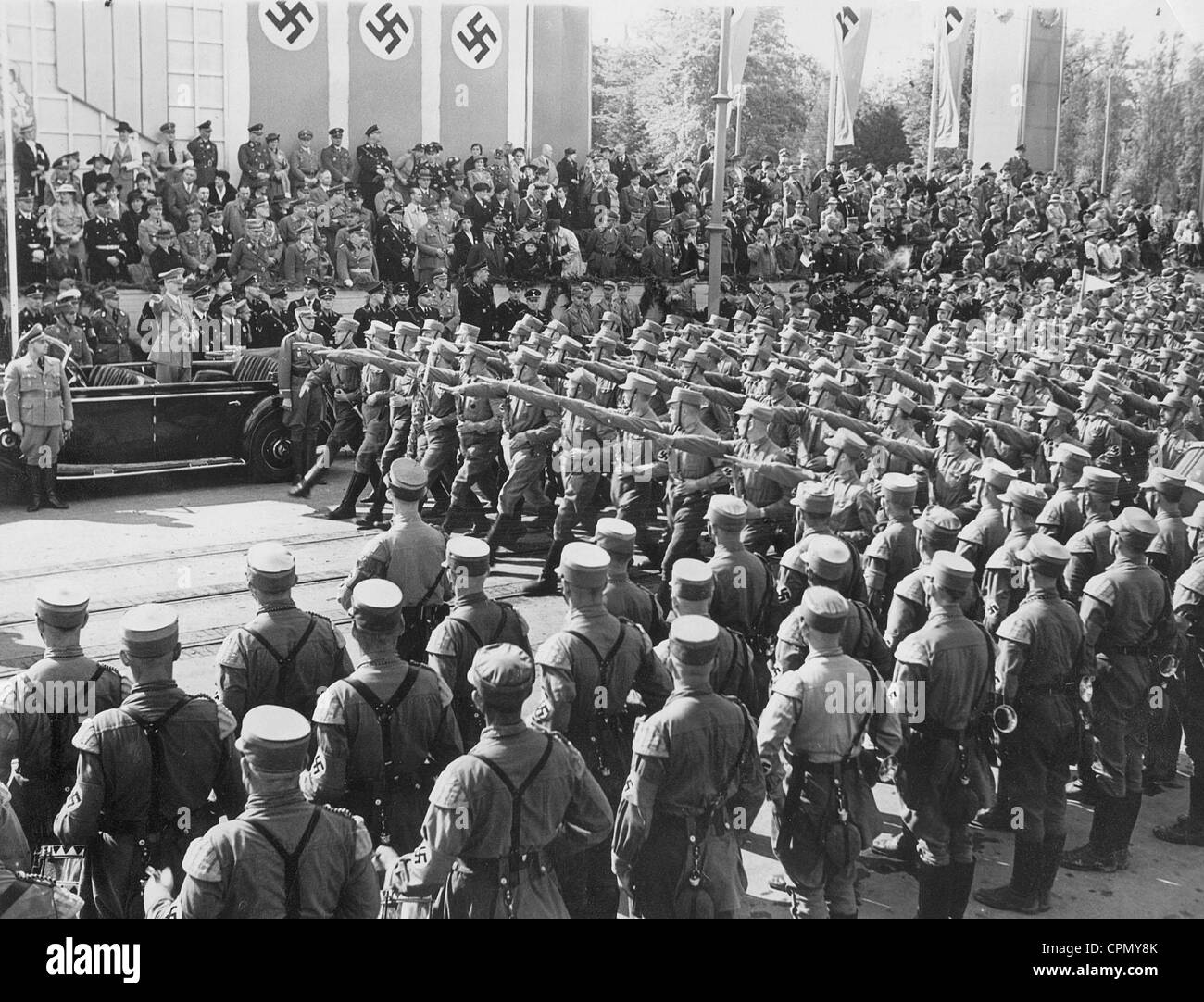 Adolf Hitler inspects a parade of the SA in Dessau, 1938 Stock Photo