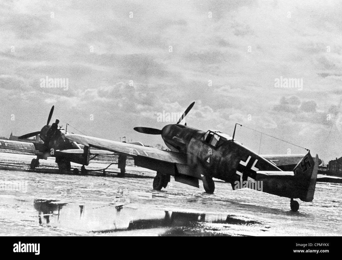 German Messerschmitt Me 109 on an airfield during the war Stock Photo