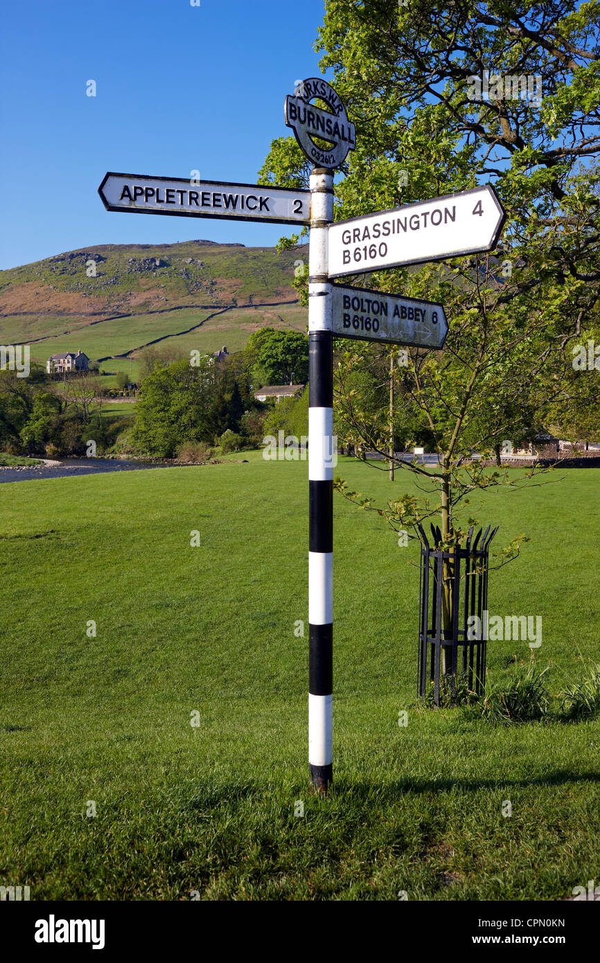 West Riding of Yorkshire signpost , roundel containing the name of the civil parish and the six figure grid reference. Stock Photo