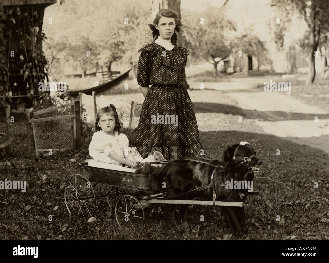 Older Sister with Younger Sister in Dog Drawn Toy Wagon Stock Photo