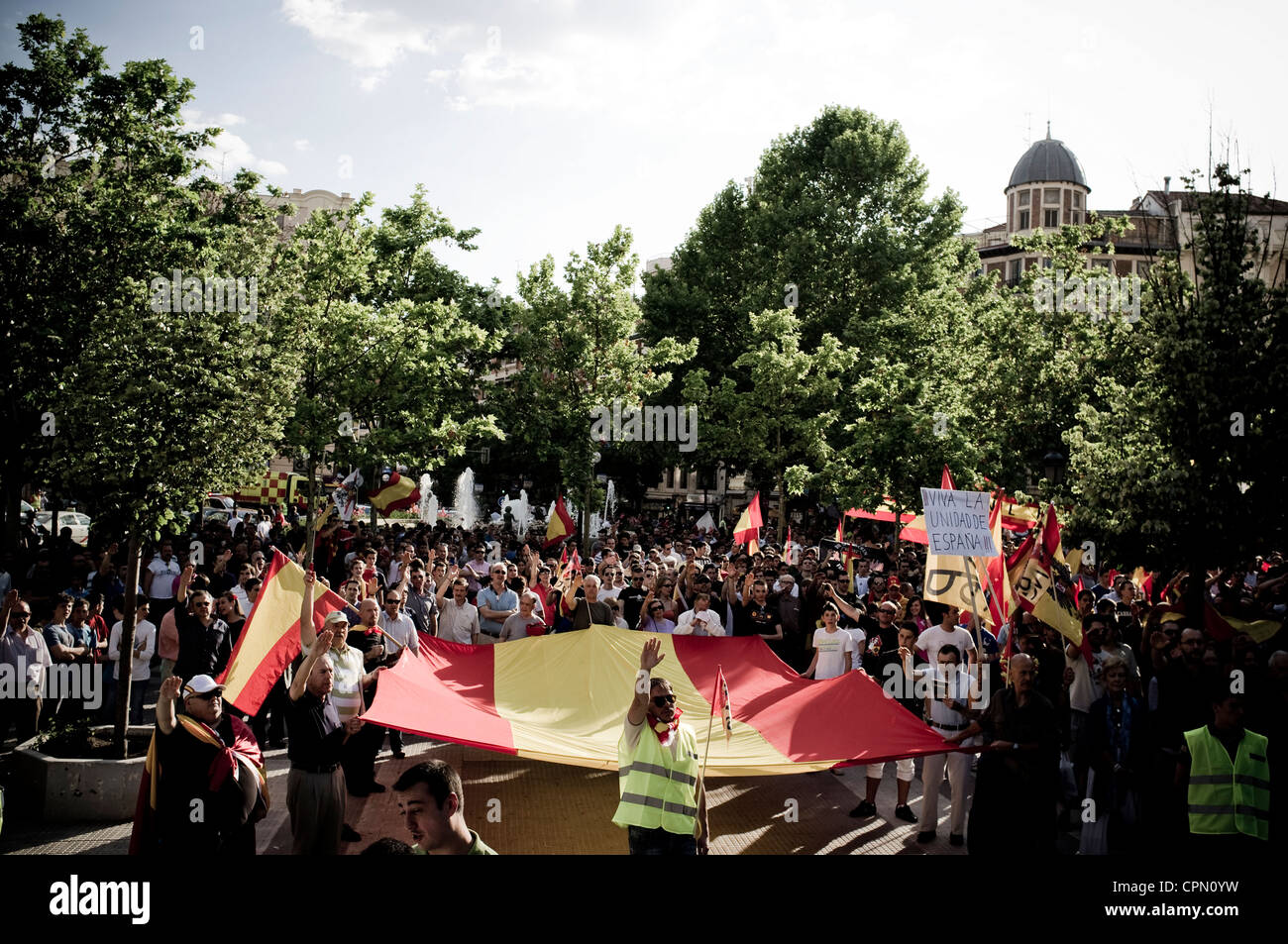 Extreme right demonstration in Madrid, Spain, organized by La Falange, el Nudo Patriota Español, el Movimiento Catolico Español, Stock Photo