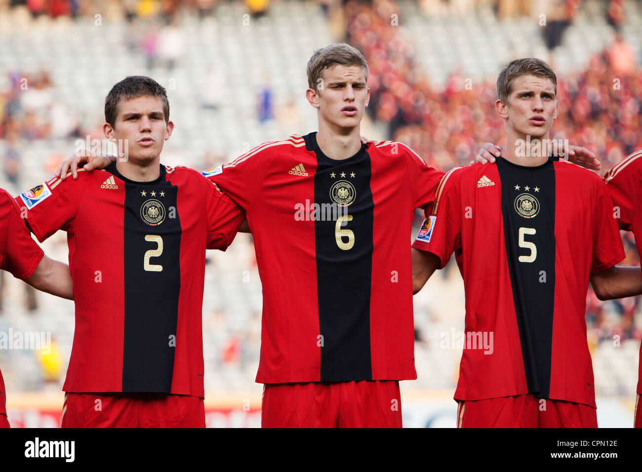 Germany players line up and sing the national anthem before the 2009 FIFA U20 World Cup soccer quarterfinal match against Brazil Stock Photo