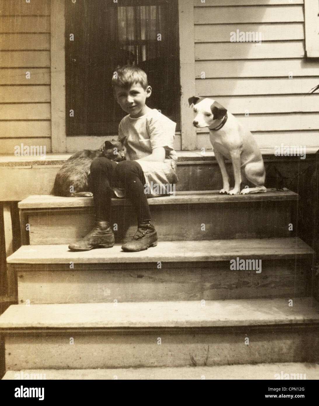 Little Boy on Steps with Pet Cat Observed by Dog Statue of Nipper Stock Photo
