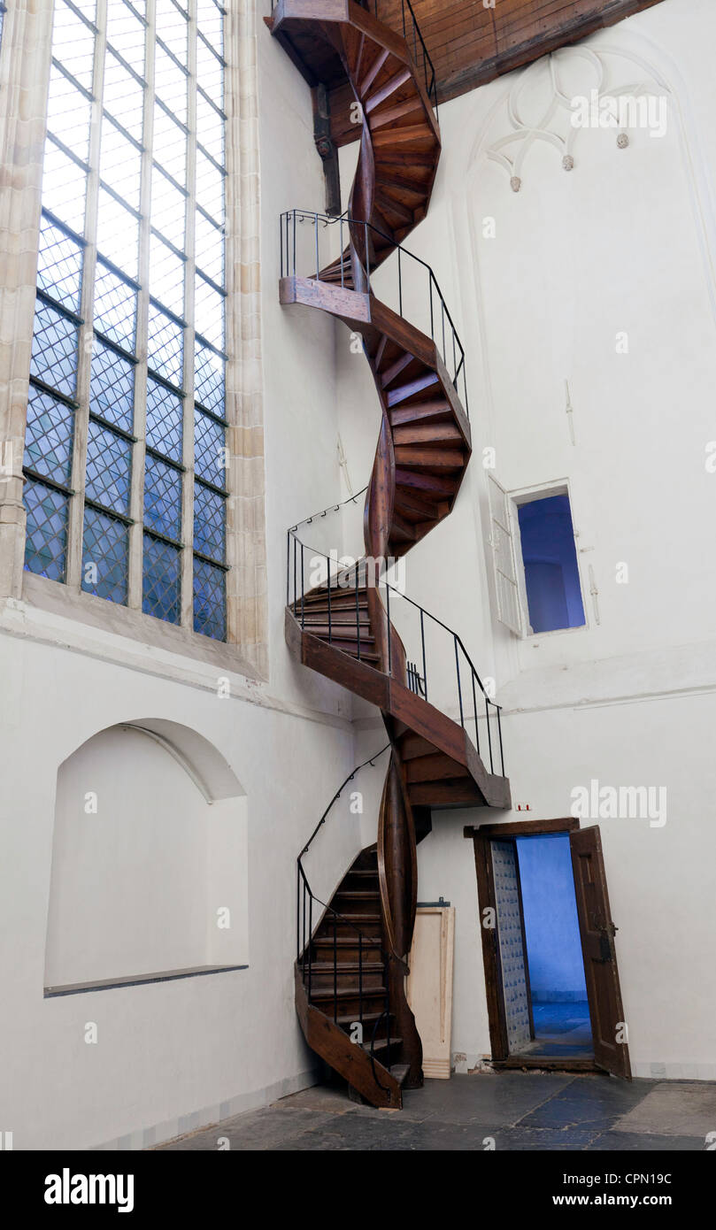 Amsterdam, Holland: The wooden spiral staircase (1516) in Oude Kerk. Stock Photo