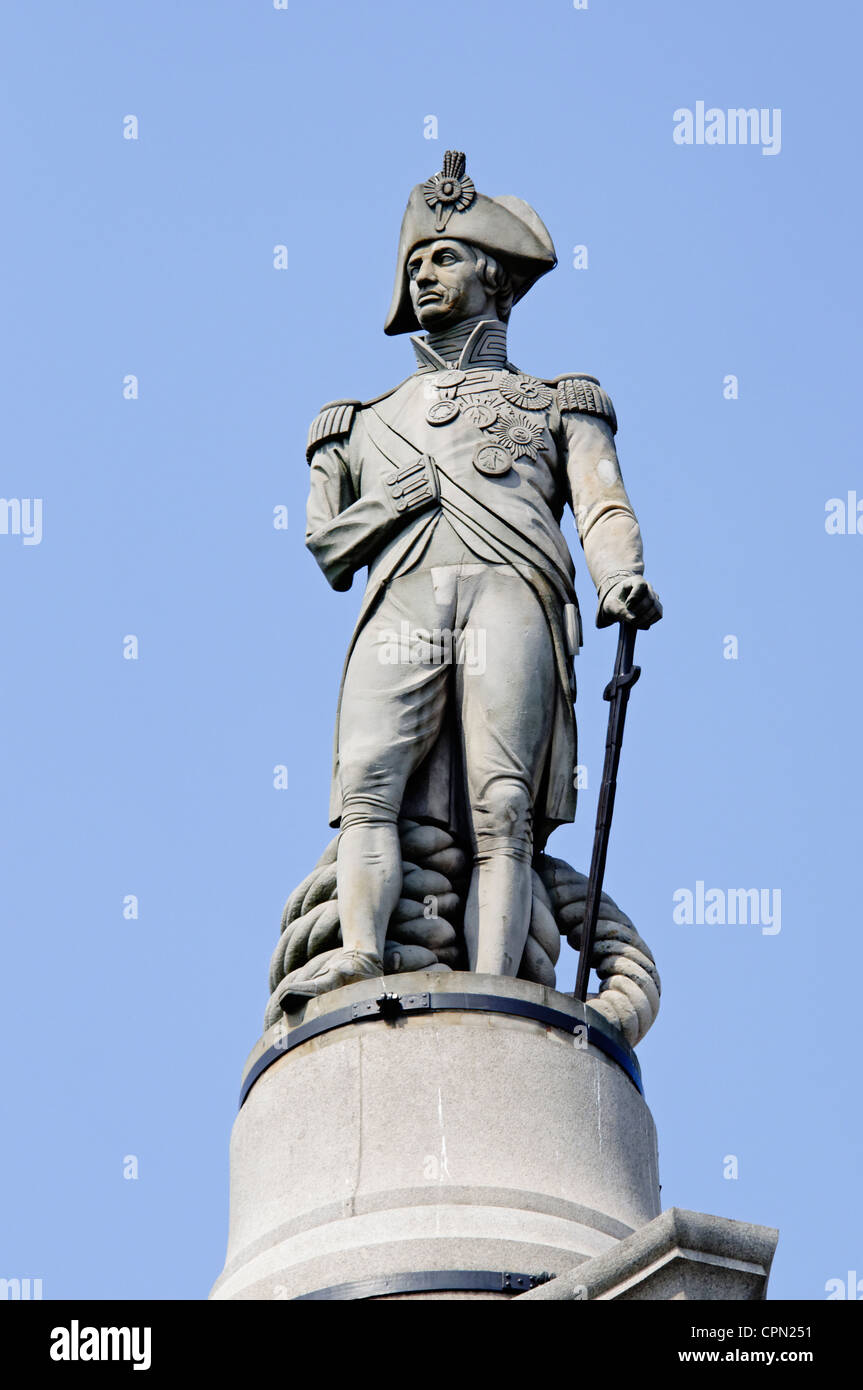 Admiral Nelson statue on top of the Nelson's Column on Trafalgar Square in London, England, UK Stock Photo