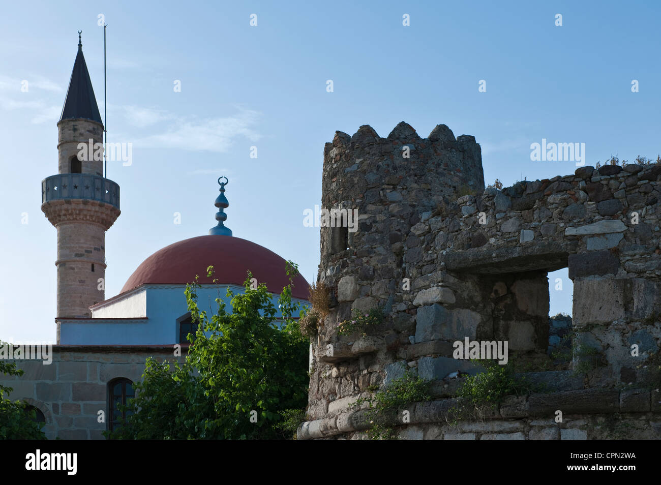 Greece, Dodecanese, Kos, the Defderdar Mosque in Eleftheria square and medieval walls Stock Photo