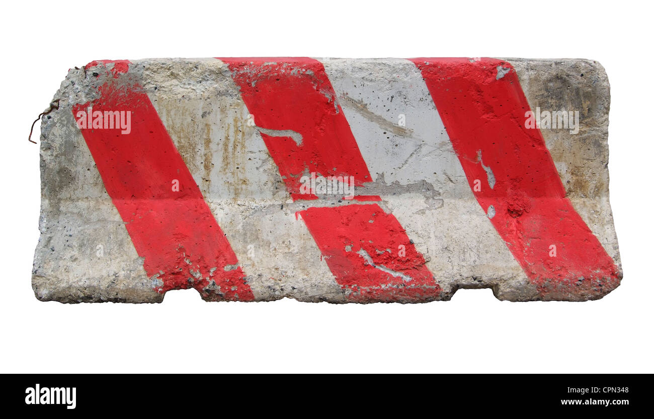 Red and white concrete barriers blocking the road. Isolated on white background Stock Photo