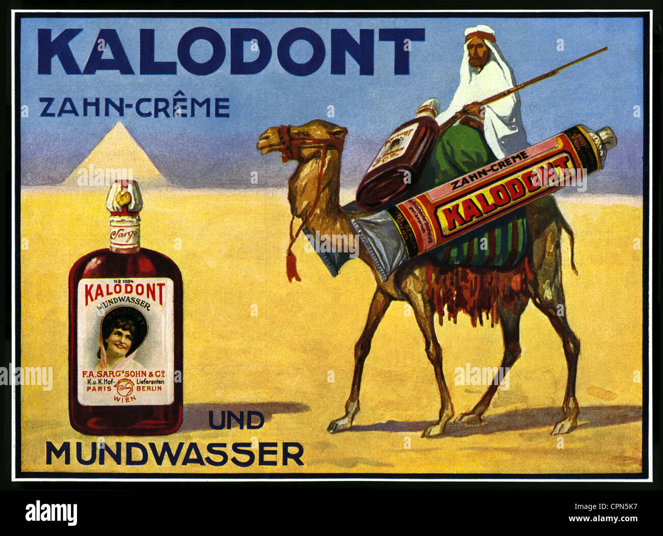 advertising, cosmetics, Kalodont toothpaste and mouthwash, Arab is riding on camel through the desert, made by: Sarg's Son & Co, Royal and Imperial court deliverer, Paris, Berlin, Vienna, Germany, 1914, Additional-Rights-Clearences-Not Available Stock Photo