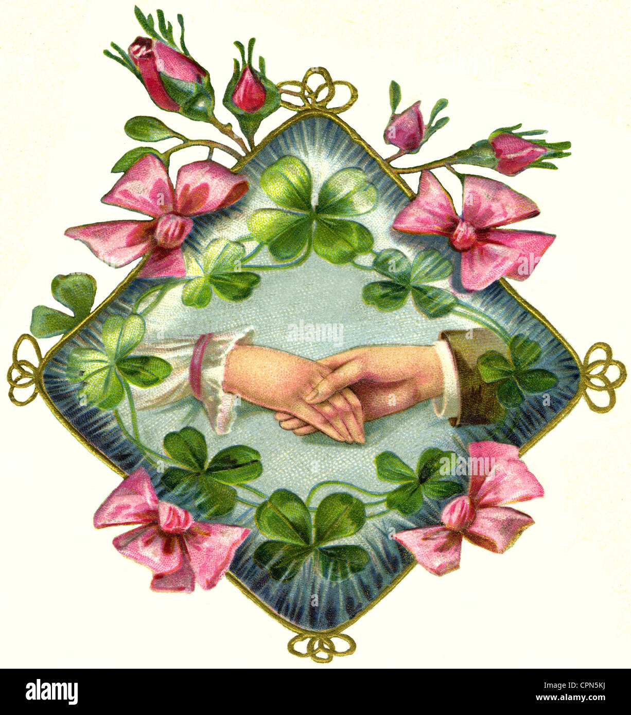 kitsch/cards/souvenir, symbol image love, reaching the hands, mint lithograph, Germany, 1906, Additional-Rights-Clearences-Not Available Stock Photo