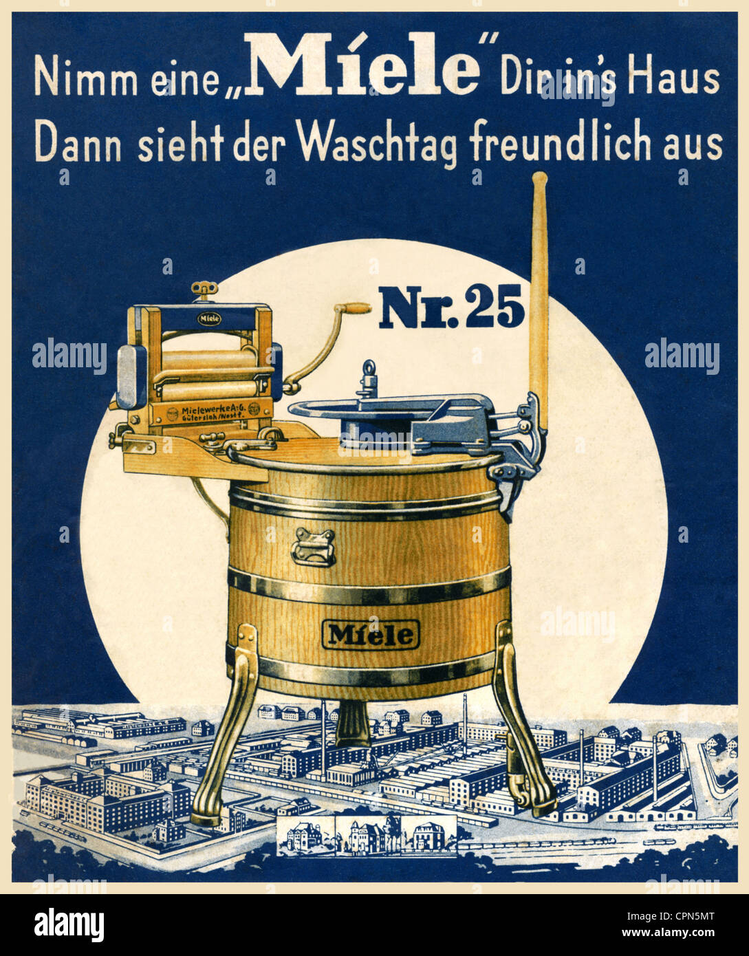 advertising,household,Miele washing machine,Miele number 25,advertising slogan: Take a Miele into your house,then the laundry day is looking nice for you,version name: upper drive washing machine number 25,with patent swivel foot,flywheel drive,capacity 80 litre,original price 1912: 82 reichsmark,machine combined with wringer on the top,also available as electrical washing machine,Guetersloh in Westphalia,Germany,circa 1912,company site,firm,factory,factories,trademark,trademarks,advertising,market leader,household,households,washing m,Additional-Rights-Clearences-Not Available Stock Photo