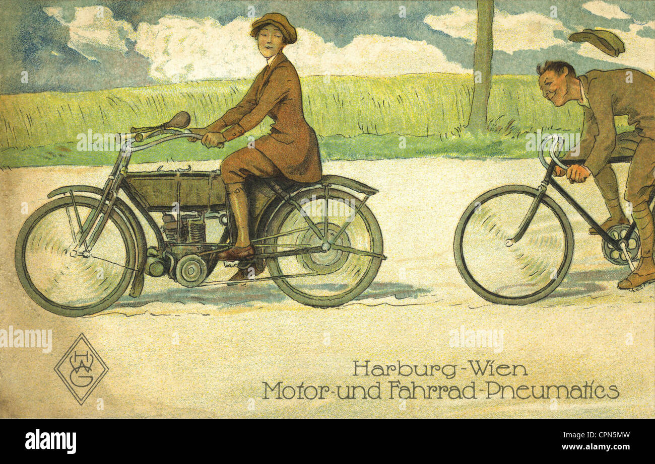 transport / transportation, motorcycle, motorcyclist and cyclist, advertising for tyres, company Pneumatic Harburg-Wien Vereinigte Gummiwaaren-Fabriken, Germany, 1923, Additional-Rights-Clearences-Not Available Stock Photo