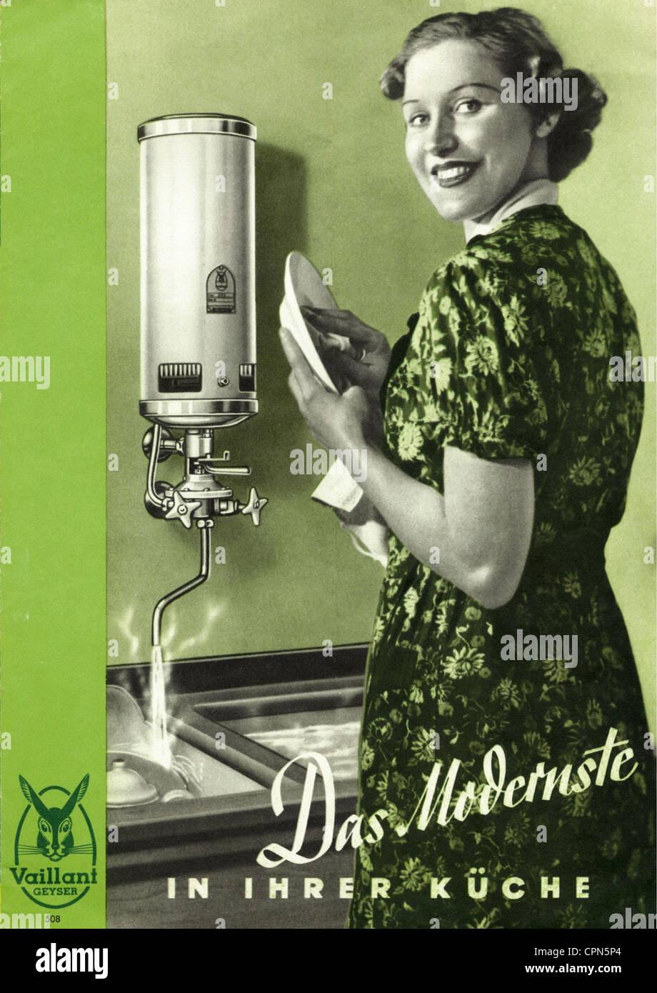 advertising, household, advertising for Vaillant Klein-Geyser, slogan: Das  Modernste in ihrer Kueche, supply hot water for the household and for the  body care, made by: Joh. Vaillant KG, special manufacturer for gas-powered