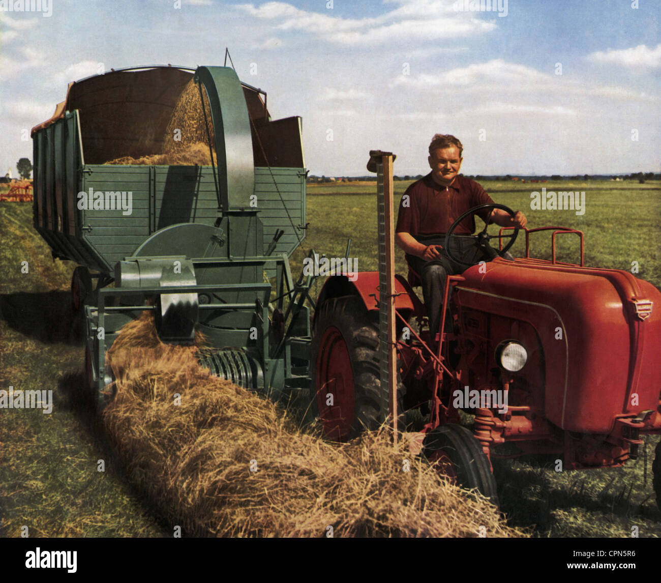 agriculture, agriculture, farmer with tractor, hay harvest, advertising for the forage harvester of the Koela, Koedel & Boehm, Germany, circa 1955, Additional-Rights-Clearences-Not Available Stock Photo