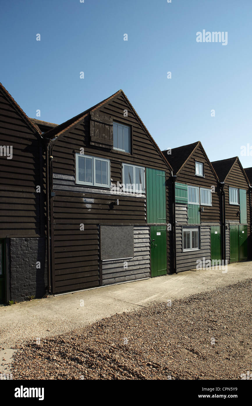 Re- furbished fisherman's huts at Whitstable, Kent. Now used as holiday homes. Stock Photo