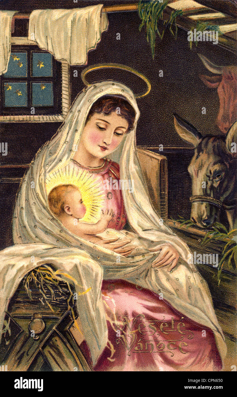 Christmas, Virgin Mother with the infant Jesus on the lap, Christmas card from Bohemia, Czechia, circa 1905, Additional-Rights-Clearences-Not Available Stock Photo