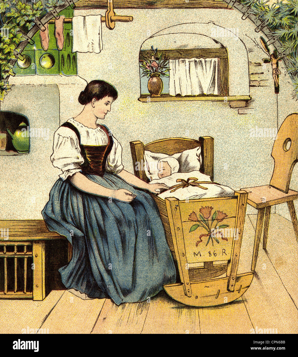 people, women with child, mother with cradle singing cradle song, lithograph, Germany, 1886, Additional-Rights-Clearences-Not Available Stock Photo