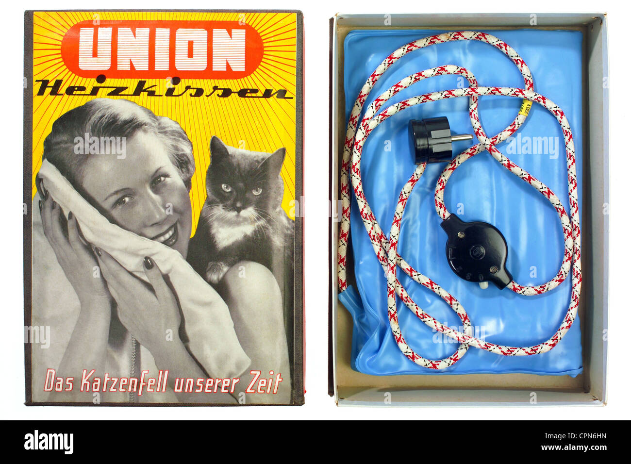 household, electric electric pad, original packing, made by Union, woman with cat, advertising slogan: 'Das Katzenfell unserer Zeit' (The today cat pelt), Germany, circa 1957, Additional-Rights-Clearences-Not Available Stock Photo