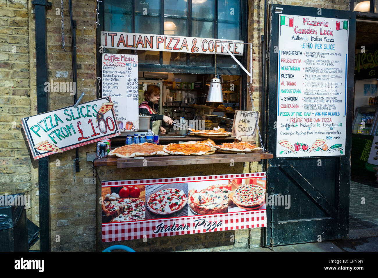 London , Camden Town Lock Market Stables Italian Pizzeria counter menu