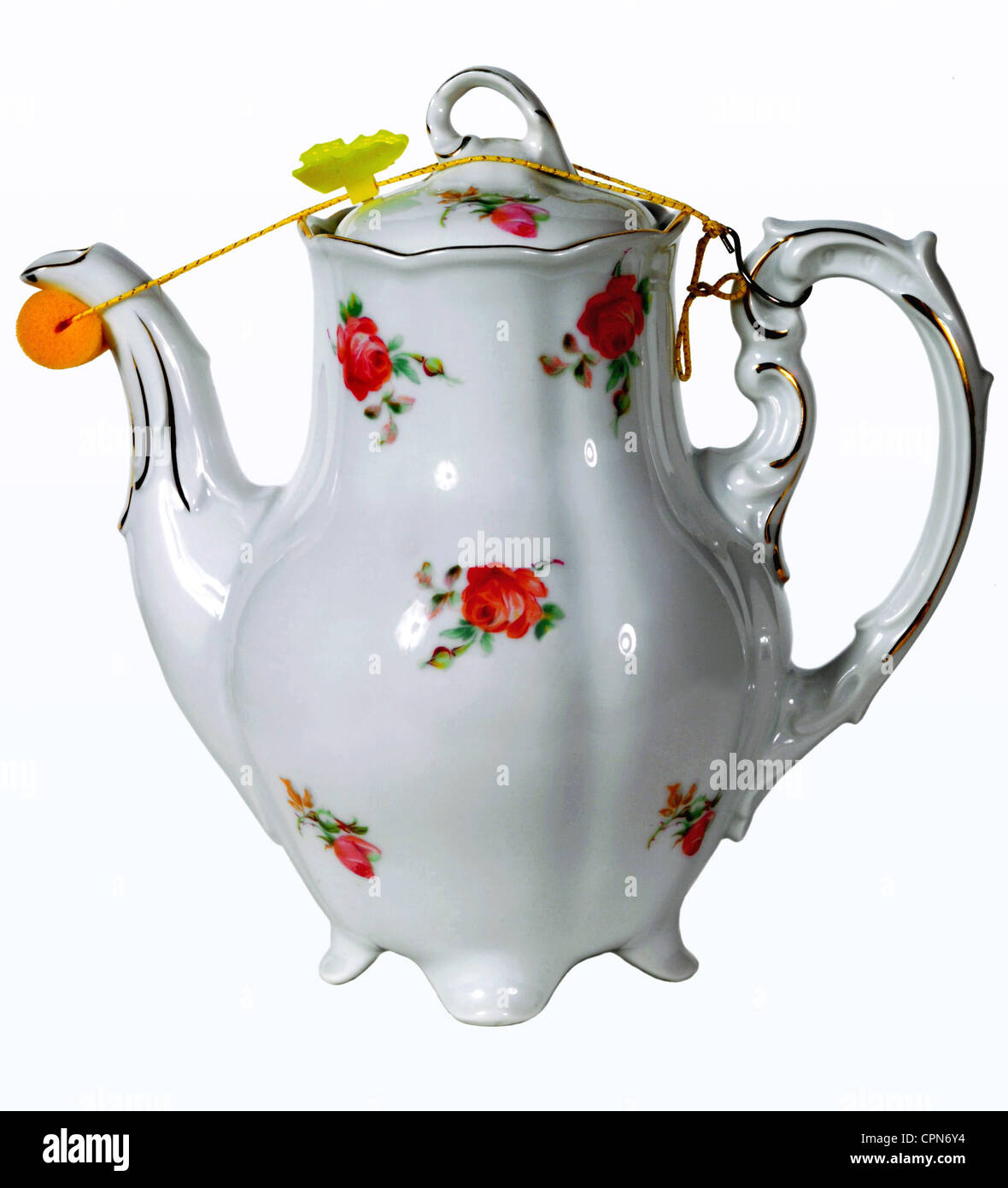household, kitchenware, coffee pot with drip catcher, porcelain with floral decor, Germany, circa 1959, Additional-Rights-Clearences-Not Available Stock Photo