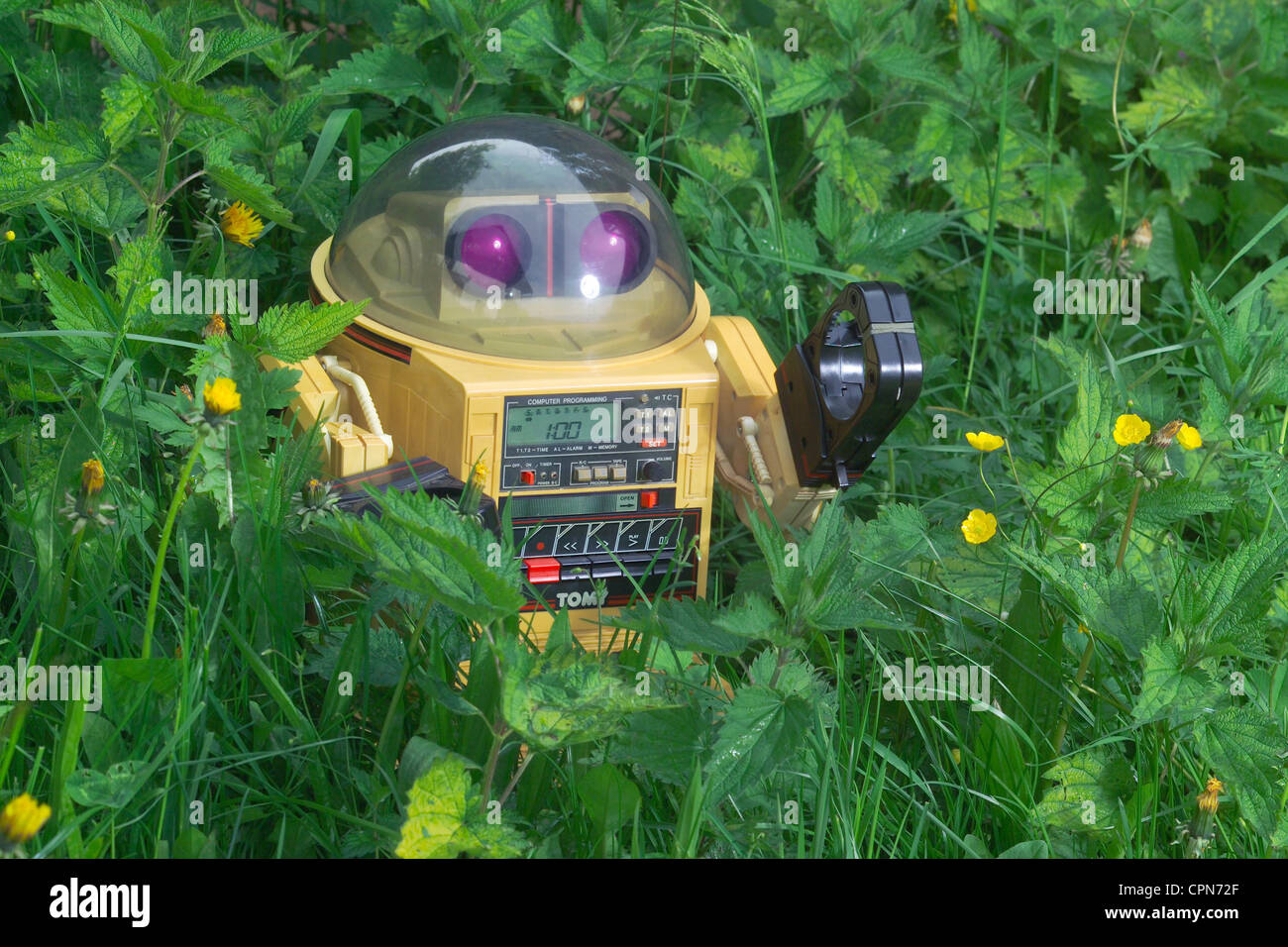 computing / electronics, robot, in the nature, Japanese electronic toy, with integrated hi-fi equipment, Japan, 1979, Additional-Rights-Clearences-Not Available Stock Photo