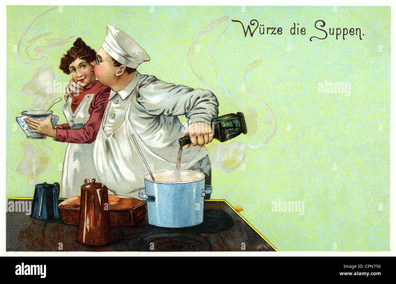 household, cook, cook kissing cooky, saying: 'Wuerze die Suppen' (Flavour the soup), lithograph, Germany, 1902, Additional-Rights-Clearences-Not Available Stock Photo