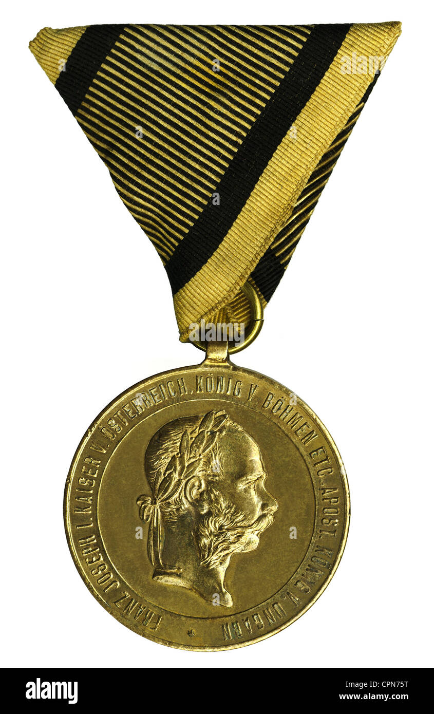 decorations, Austrian medal, war medal with portrait of emperor Franz Joseph I, to the anniversary of 25 years of his government, bronze gilded, Austria, 1873, Additional-Rights-Clearences-Not Available Stock Photo
