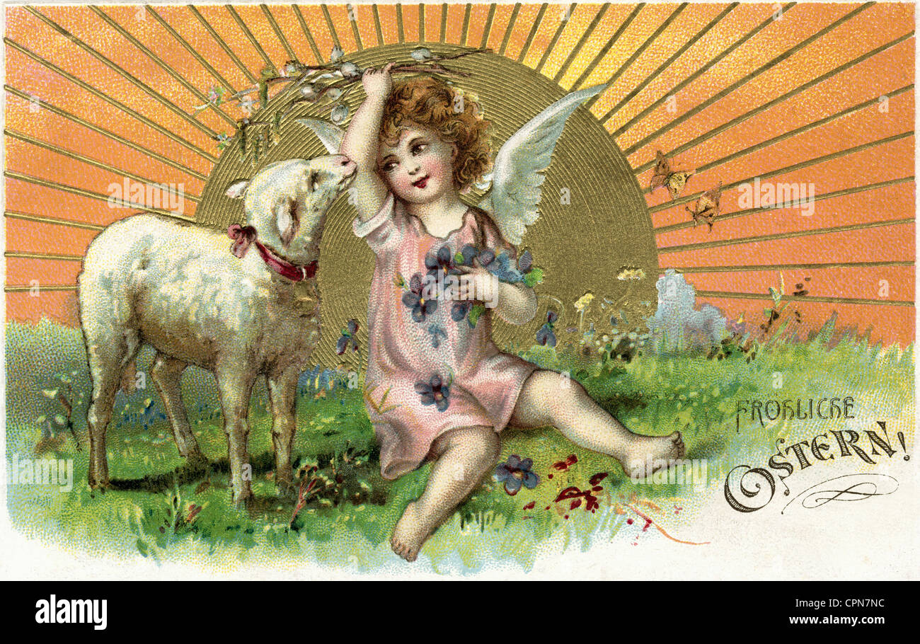 Easter, Easter card, Happy Easter, angel with lamb, lithograph