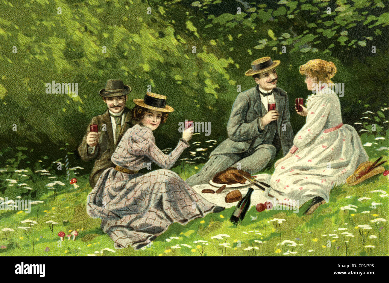 leisure time, picnic, two couple, excursion, into green, Germany, 1901, Additional-Rights-Clearences-Not Available Stock Photo