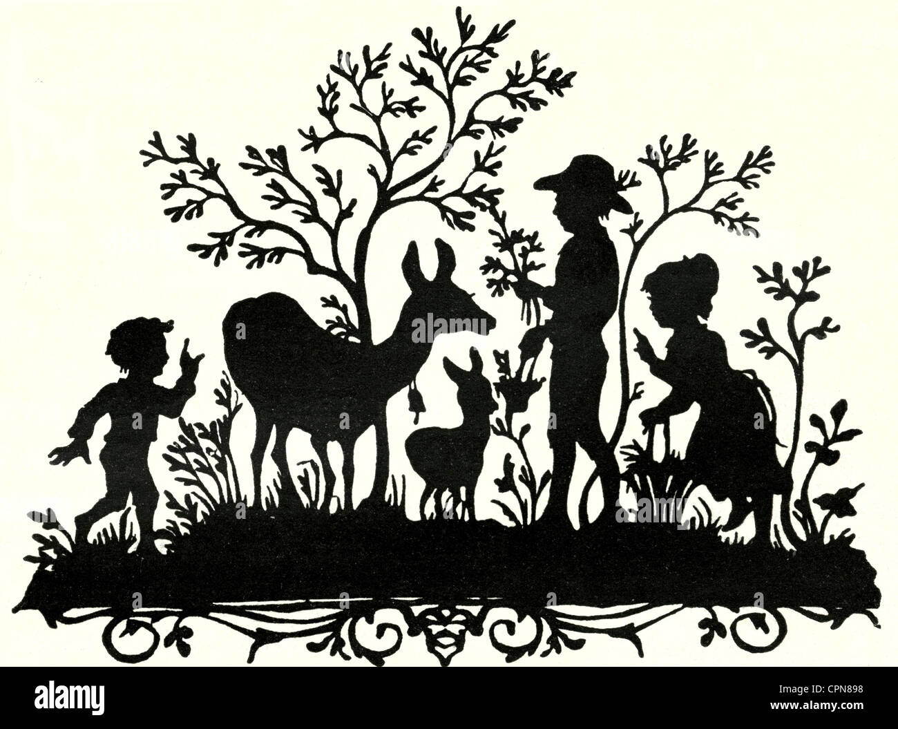kitsch/cards/souvenir, silhouette, children and roe deer, scrap-picture, Germany, 1887, Additional-Rights-Clearences-Not Available Stock Photo