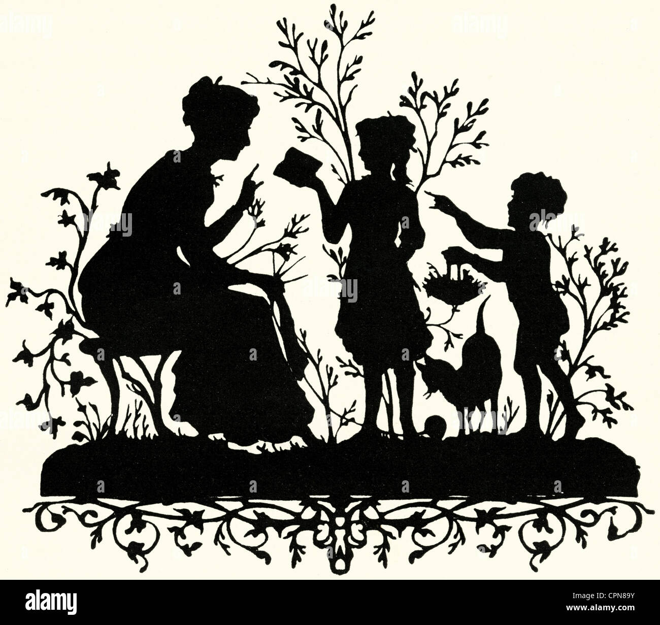 kitsch/cards/souvenir, silhouette, mother get presents from her children, scrap-picture, Germany, 1887, Additional-Rights-Clearences-Not Available Stock Photo